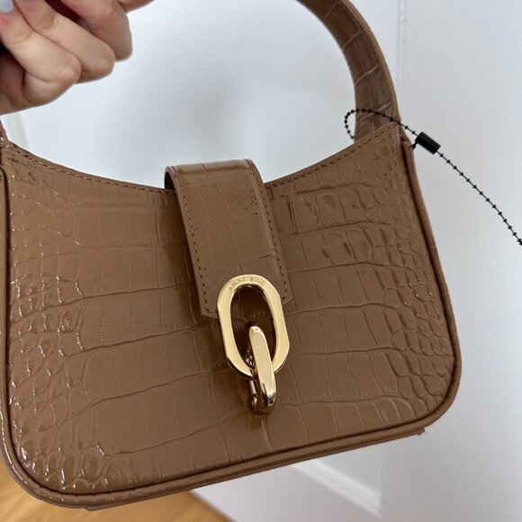 NWOT Anine Bing Mini Cleo Shoulder Bag Tan Croc-Embossed Leather Fold-over Flap - Picture 5 of 8